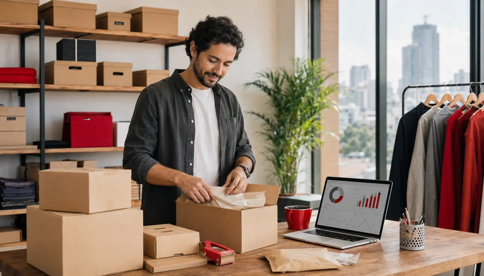Empreendedor analisando indicadores de vendas e preparando pedidos